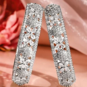 2 rhodium plated aaa cubic zirconia studded floral design bangles